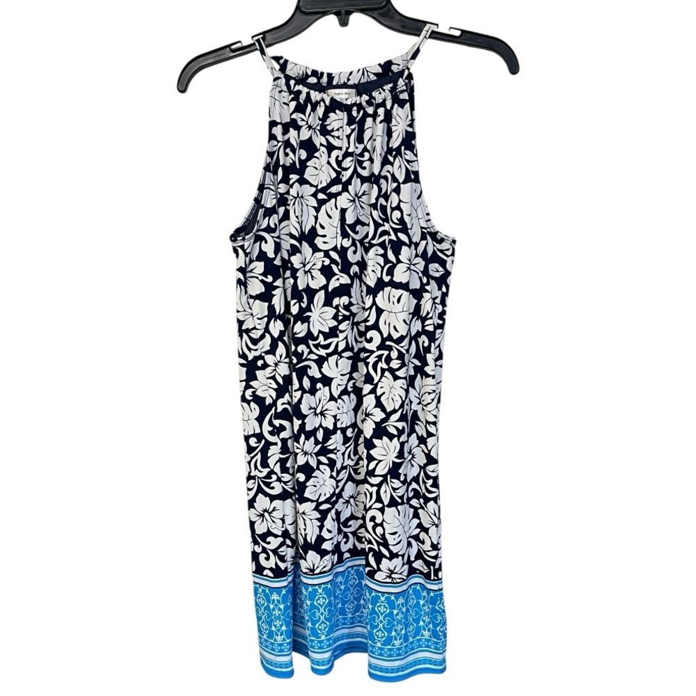Sophie Max | 5901W51 Blue White Tropical Leaves Sleeveless Midi Dress S